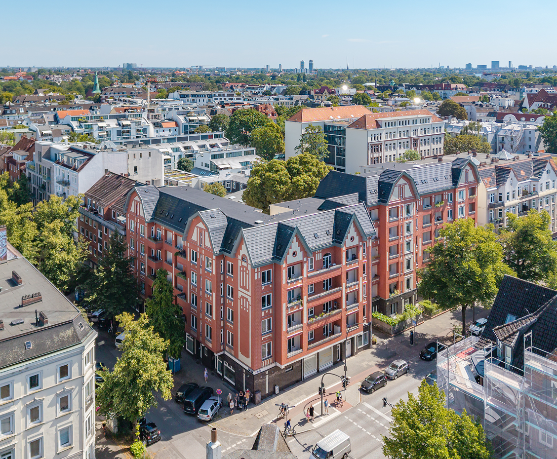 Luftaufnahme der Eppendorfer Fünf – Mehrfamilienwohnhaus in Hamburg Eppendorf